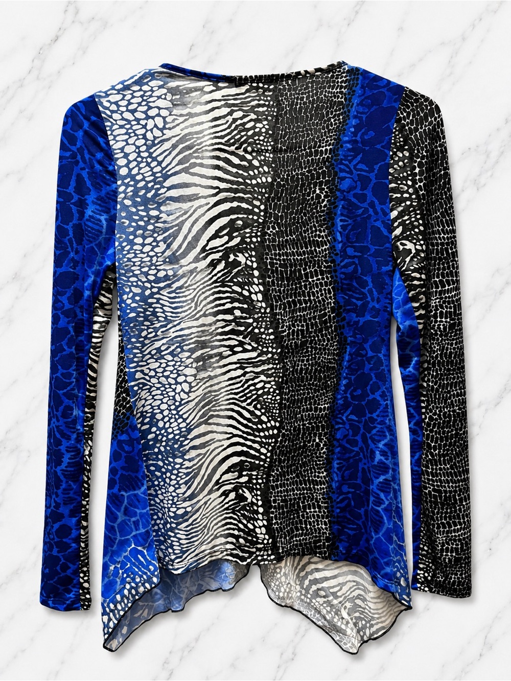 VENUS Blue Animal Print Embellished V-Neck Asymmetrical Top | Size Small - Picture 2 of 3